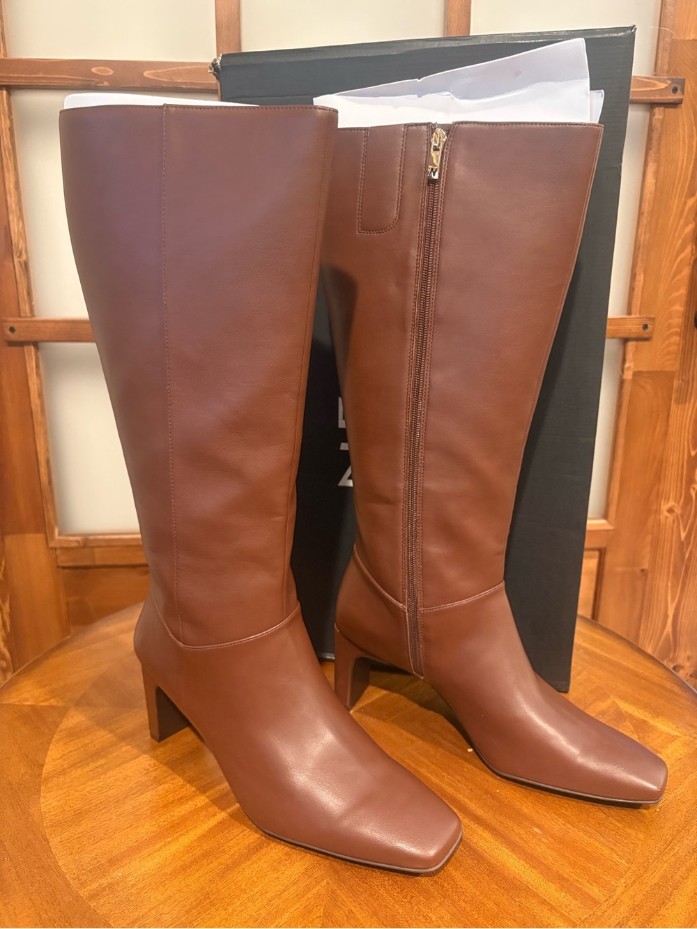 Classic Knee-High Brown Leather Boots with Block Heel
